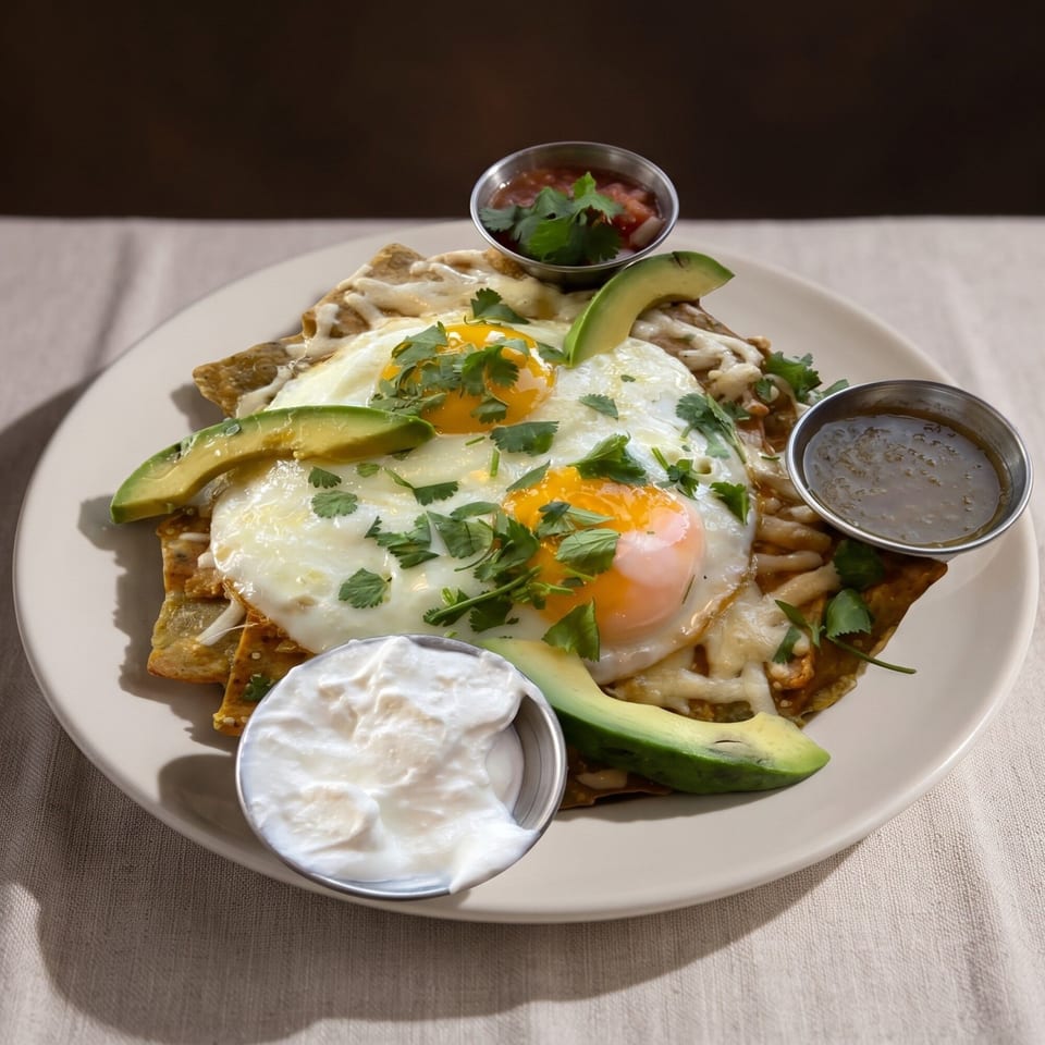 Chilaquiles with two fried eggs, avocado slices, cilantro, and sides of salsa and sour cream.