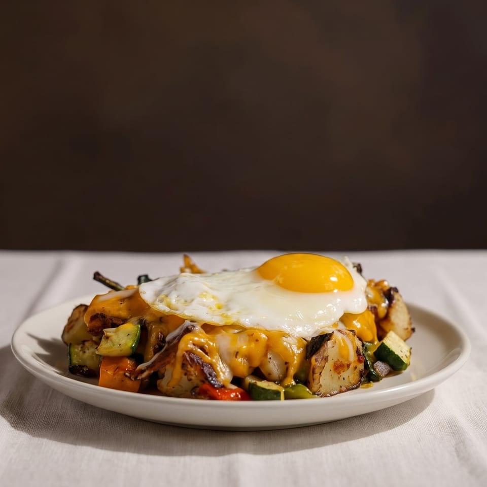 Breakfast skillet with roasted potatoes, zucchini, bell peppers, melted cheese, and a fried egg.