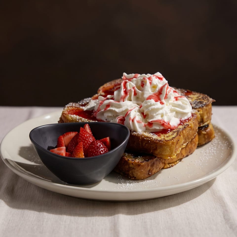 Golden French toast topped with whipped cream, strawberry drizzle, and a side of fresh strawberries.