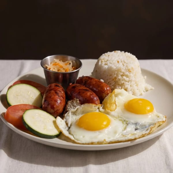 A plate of longganisa sausages, fried eggs, garlic rice, pickled papaya, and sliced tomatoes and zucchini.