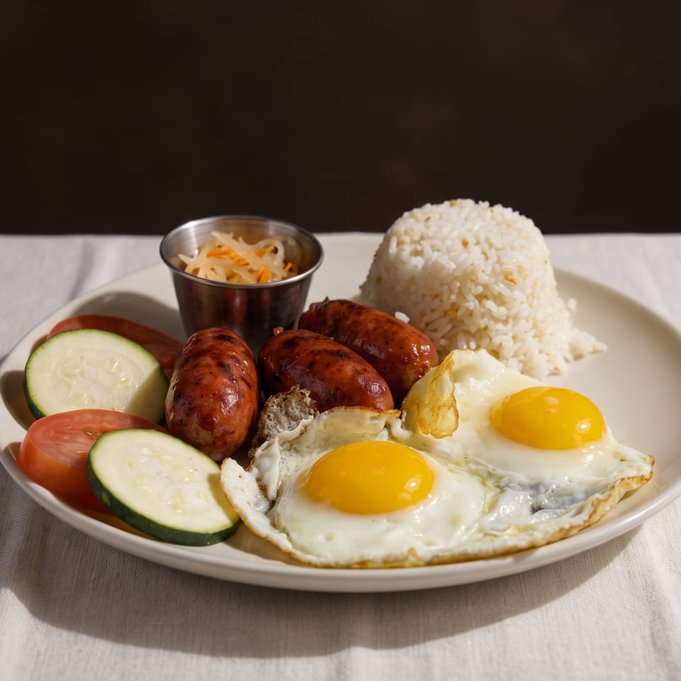 A plate of Filipino longganisa sausages, fried eggs, rice, pickled vegetables, and sliced tomatoes.