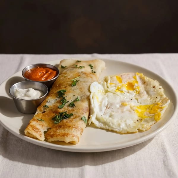 A plate with a folded dosa topped with herbs, two fried eggs, and two small bowls of sauces.