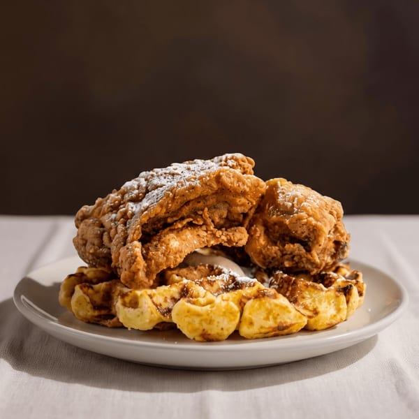 Golden fried chicken pieces dusted with powdered sugar, served atop a waffle on a white plate.