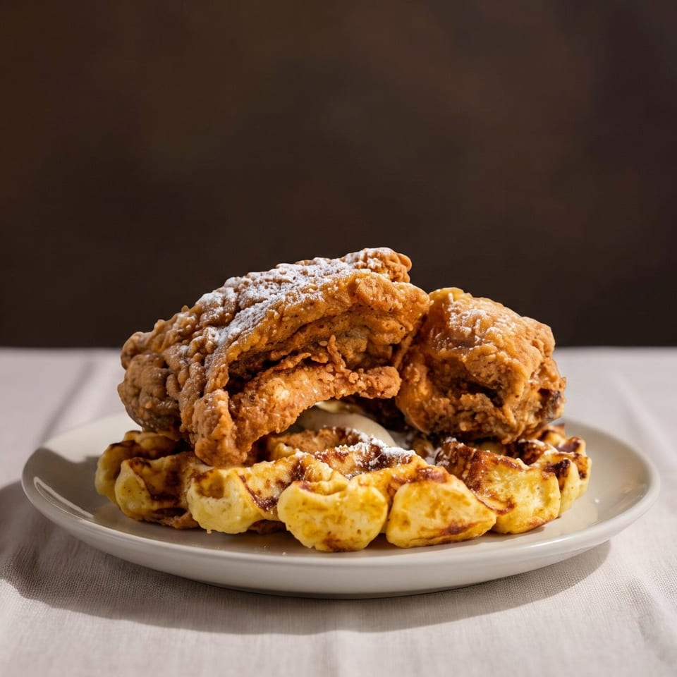 Crispy fried chicken pieces dusted with powdered sugar, served atop a golden waffle on a white plate.